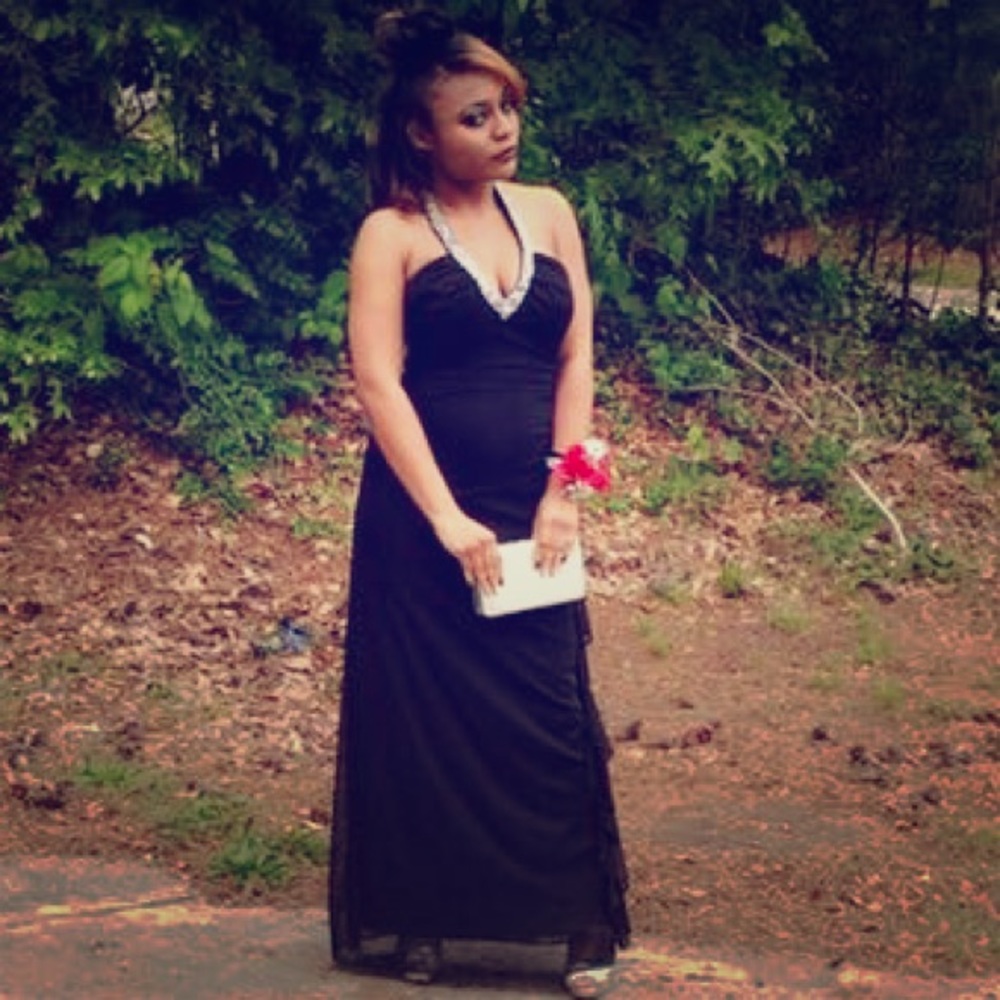 Black Prom Dress w/halter sequin and pearls on it.